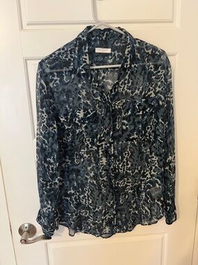 Equipement 100% Silk blue leopard button sheer blouse.